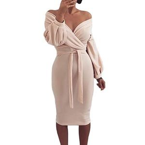 Beige OffShoulder Dress. NEVER WORN STILL PACKAGED